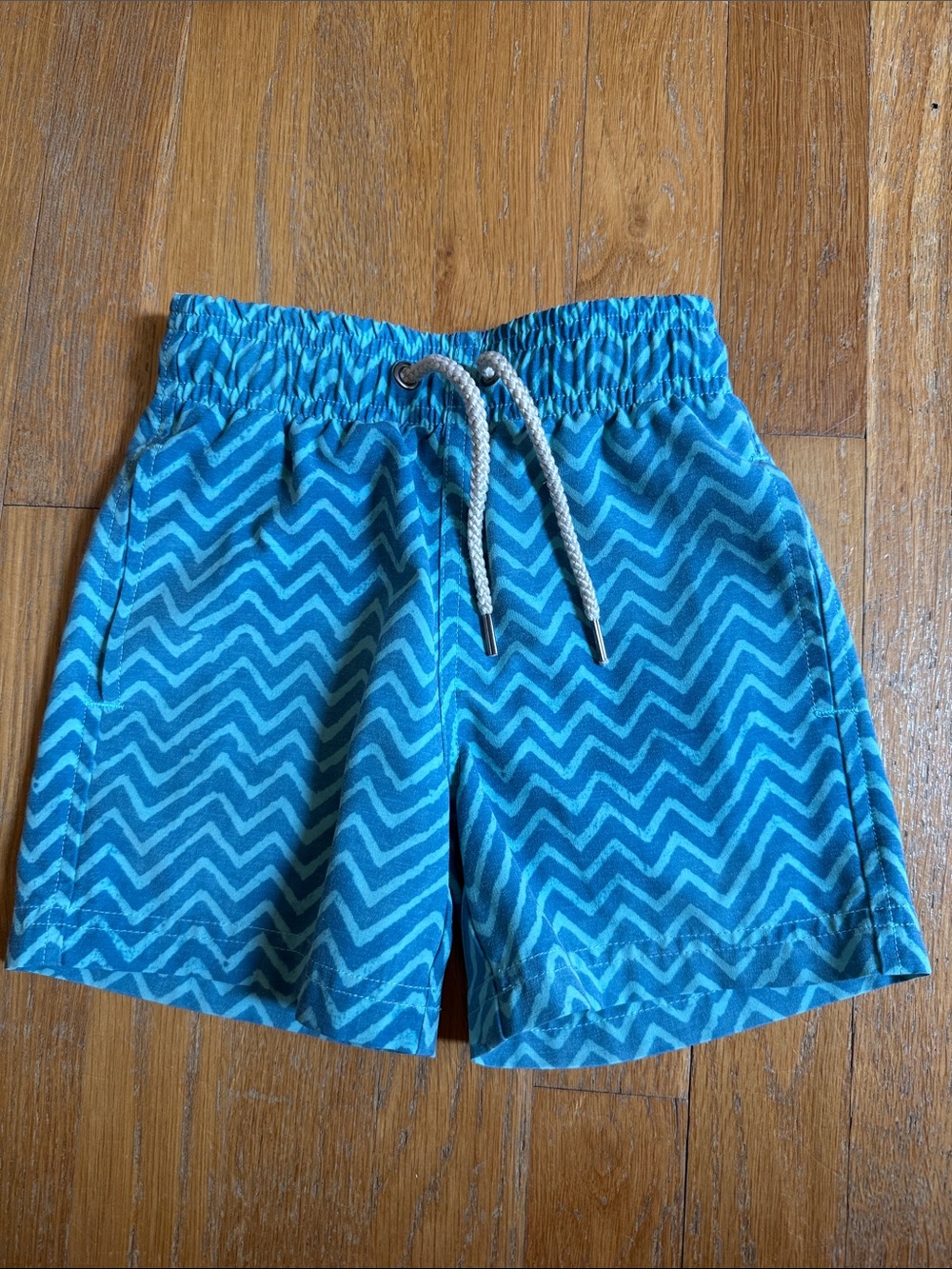 Faherty Kids Teal Chevron Swim Shorts with Drawstring